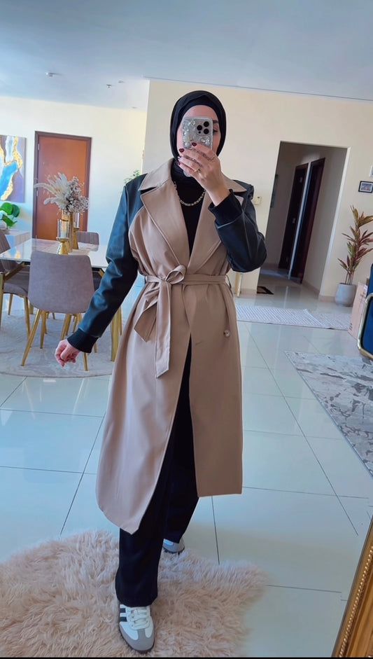 Leather sleeves trench coat